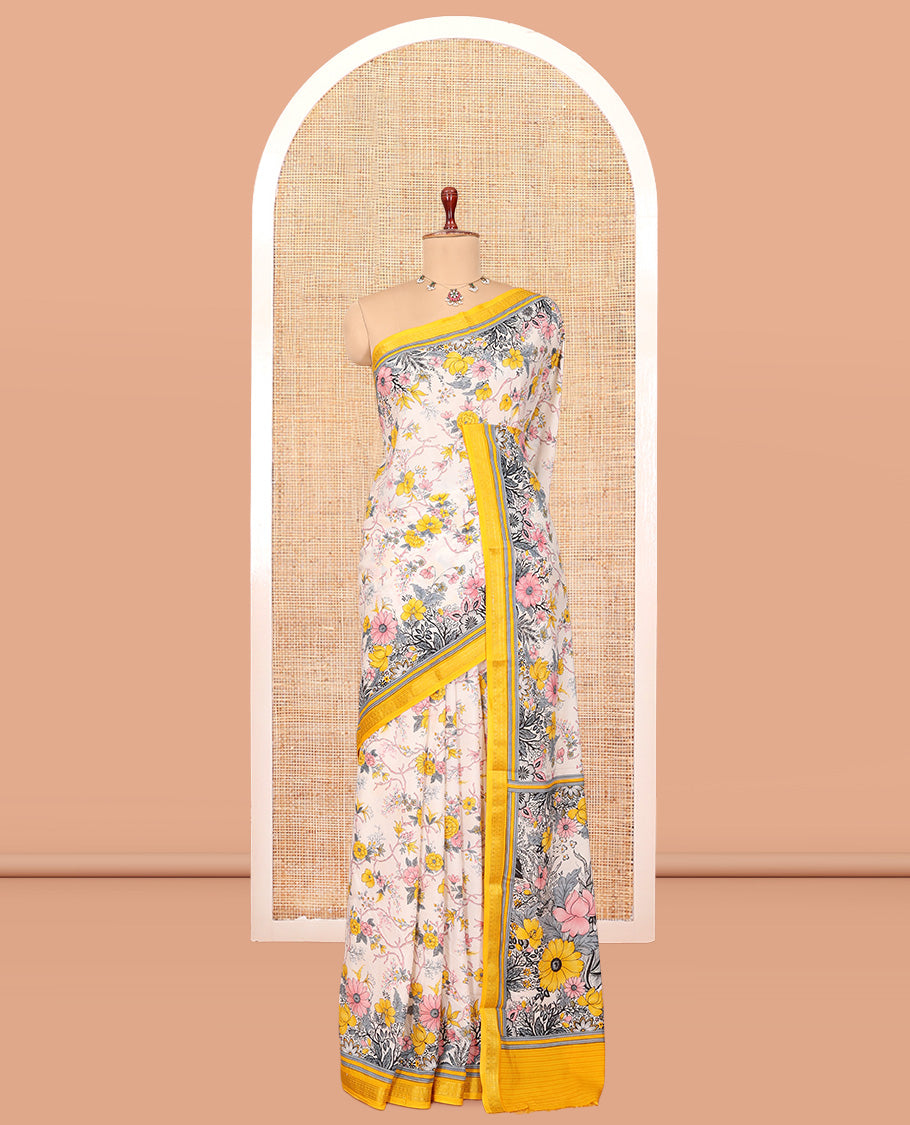 Off-White Printed Silk Saree, Elevated with Floral Vine Print, a Contrast Traditional Zari Border, Striped Pallu, and a Contrast Blouse