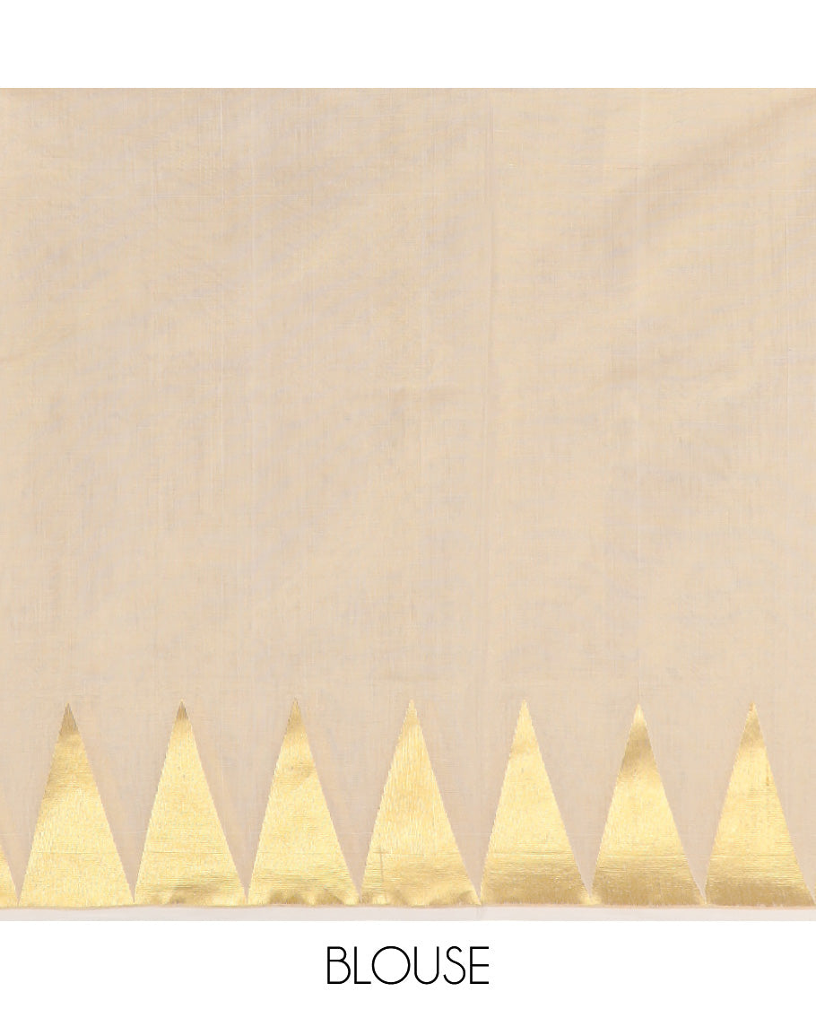 Cream triangle motifs kasavu saree with self temple border & gold zari striped pallu