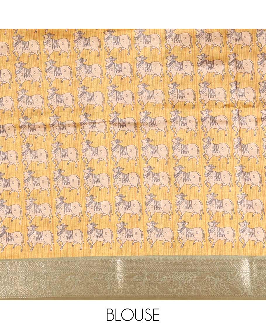 Olive green striped semi-tussar saree, traditional zari border of floral creeper designs, contrast pallu of Pichwai cow print, and contrast Pichwai cow printed blouse