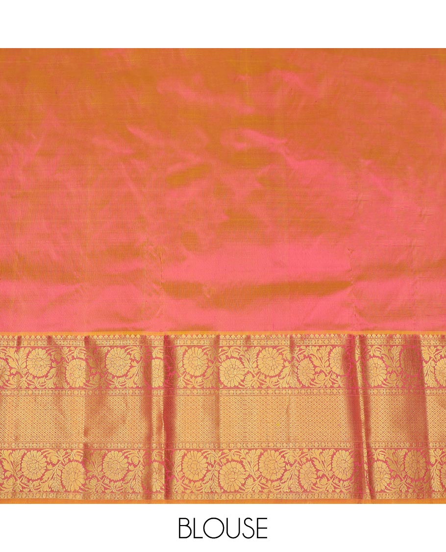 Dark pink floral design silk half saree with contrast border of thilakam mokku, banaras, paun design, zari design blouse & zari design border dhavani