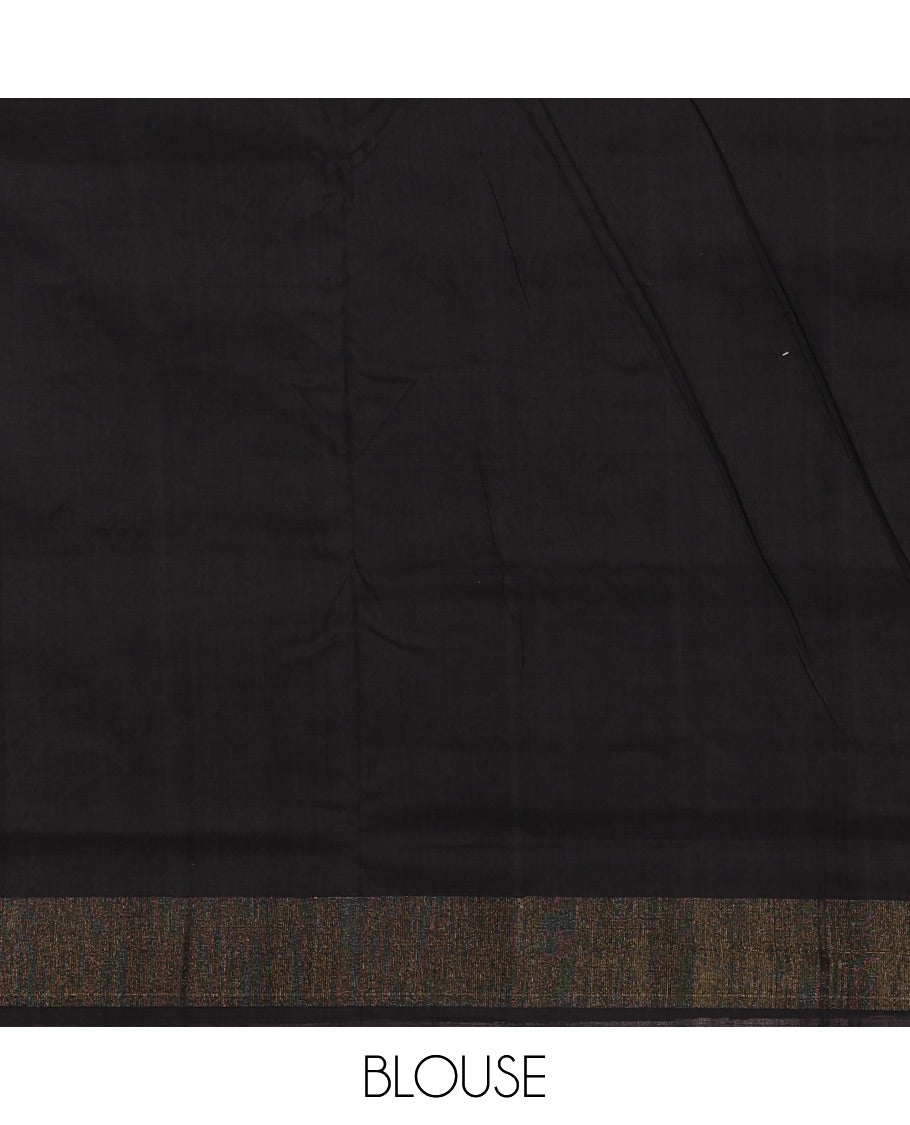 Black buttas and floral like ikkat woven ikkat cotton saree, zari bavanji border, ikkat design pallu, and plain blouse