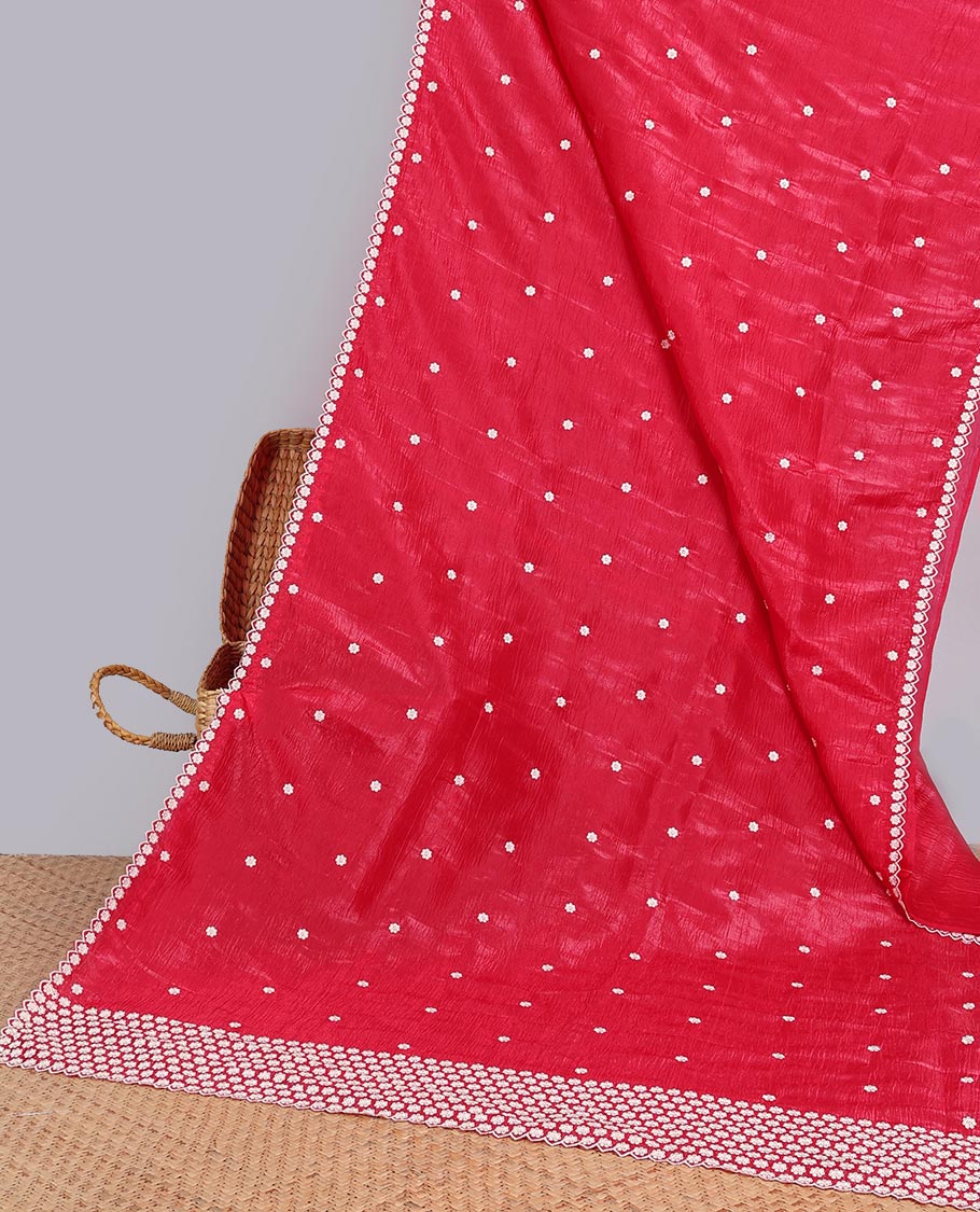 Pink Crushed Tissue saree with scallop motif border and intricate motif embroidery pallu