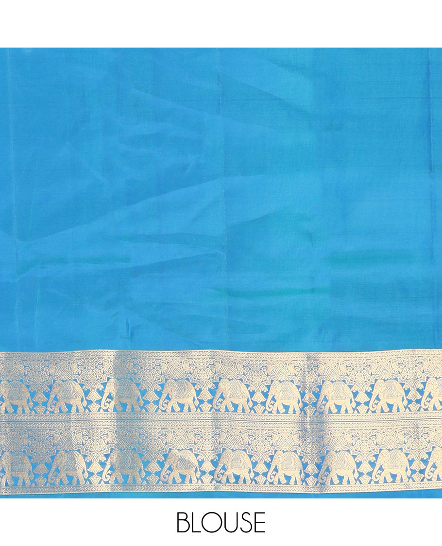 Blue Vasundhara Lite-Silk Mix Saree, Artfully Woven with Mayil Buttas, Highlighted by Zari Border of Rettai Neli, and Yaanai Designs, Grand Ogee Patterned Pallu, and Paired with a Matching Blouse