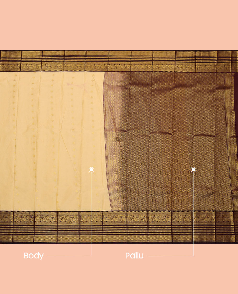 Yellow Budget Silk Saree, Sparsely Woven with Zari Buttas, Complemented by Contrast Traditional Zari Border, Grand Pallu and a Contrast Blouse