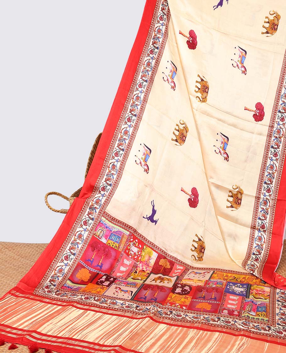 Cream animal motifs semi-banaras printed saree with contrast plain border & intricate design pallu