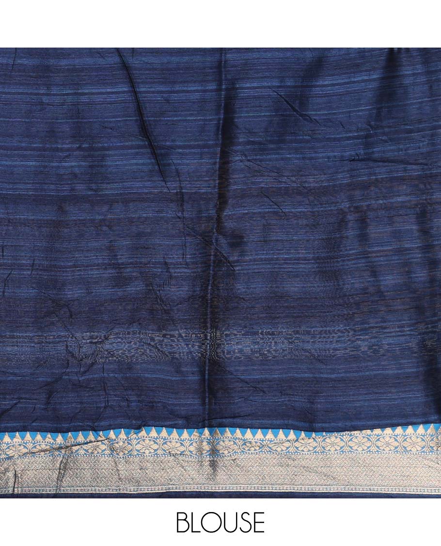 Blue buttas banarasi jute saree, contrast traditional zari ganga-jamuna-style satin thread border, intricate pallu & plain blue blouse