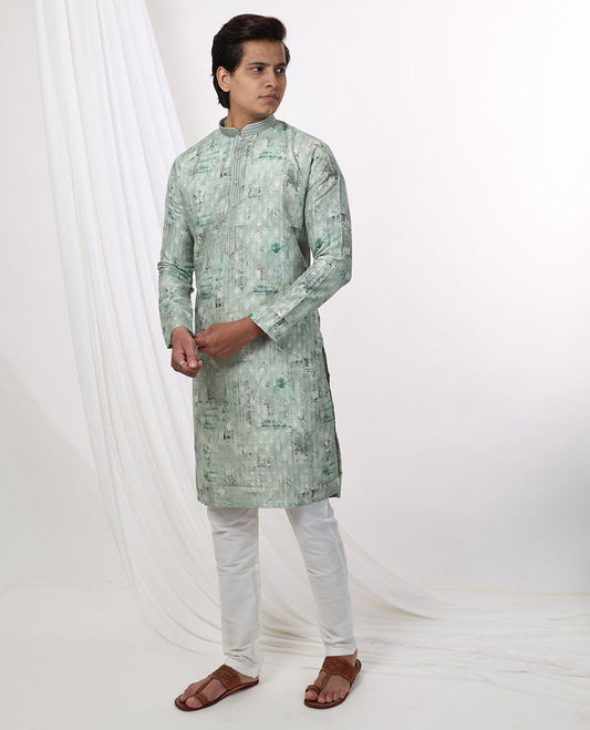 Mint green abstract design mandarin collar & full-sleeve long raw silk kurta