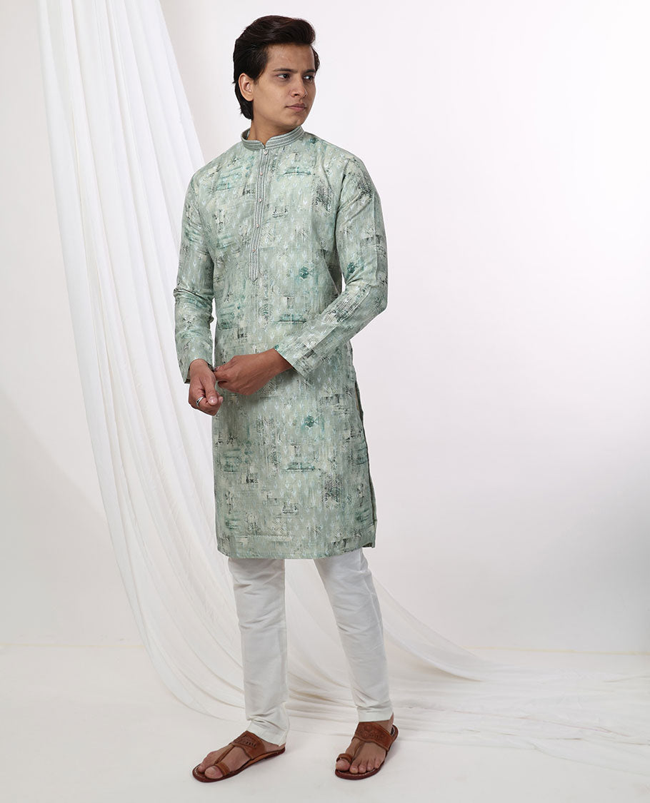 Mint green abstract design mandarin collar & full-sleeve long raw silk kurta