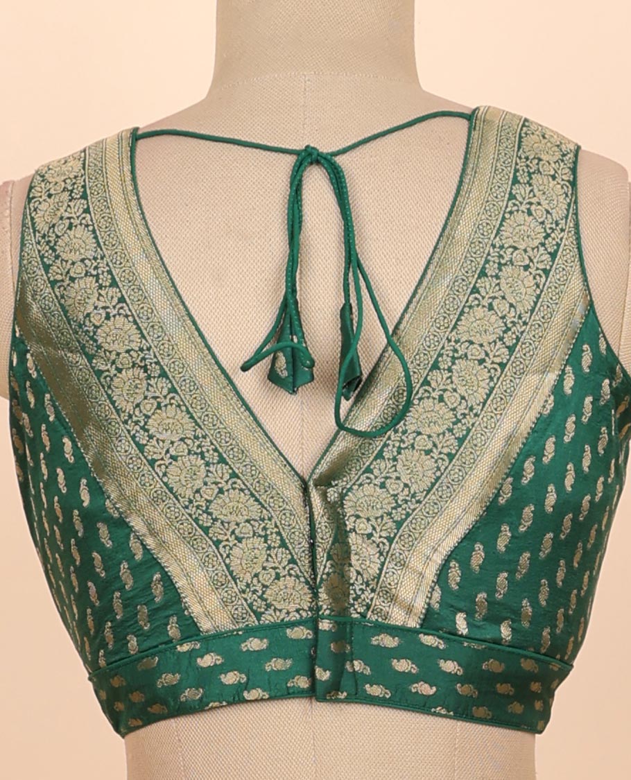 Dark green floral zari design front & back deep v-neck raw-silk readymade sleeveless blouse