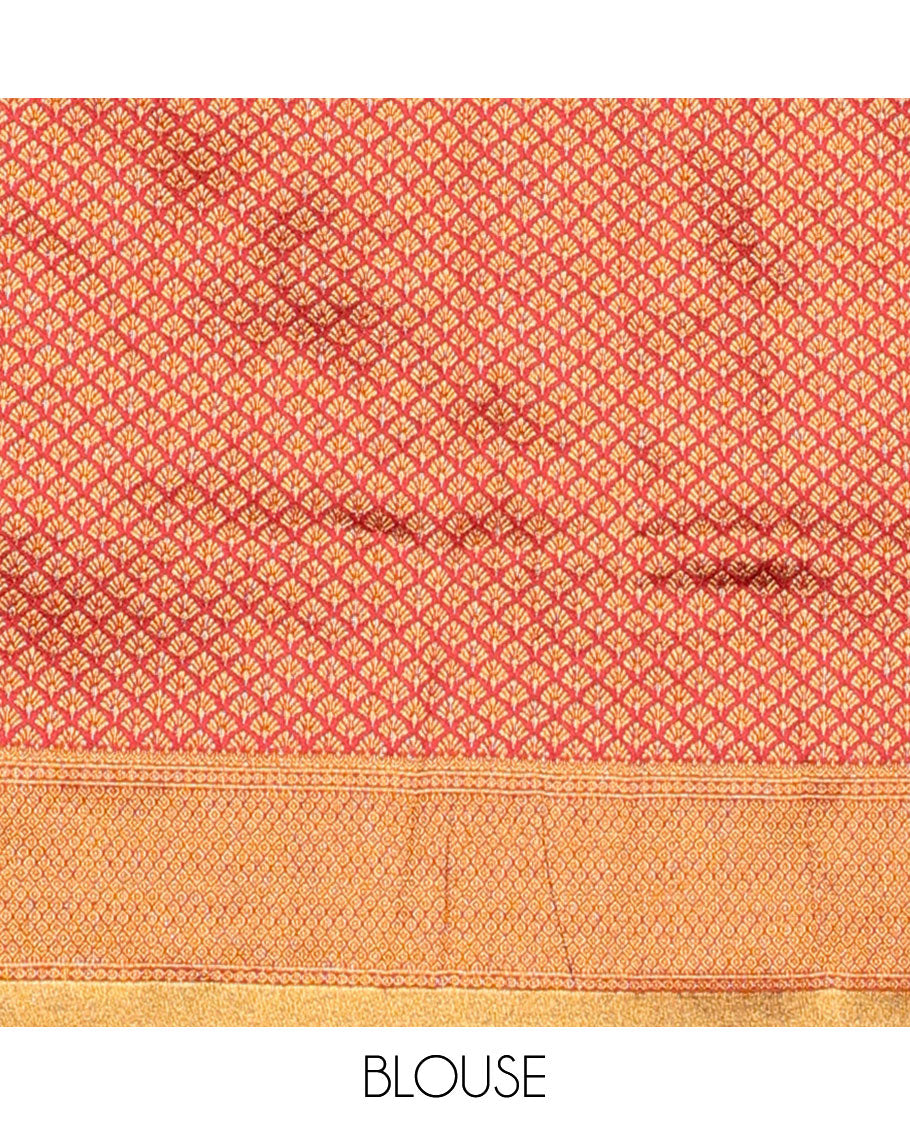 Brown zari buttas art silk half saree with contrast zari red border, zari checked design blouse & intricate zari design dhavani