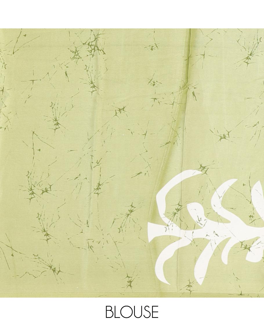 Borderless green abstract style vines batik printed Gajji silk saree, printed pallu, and plain blouse