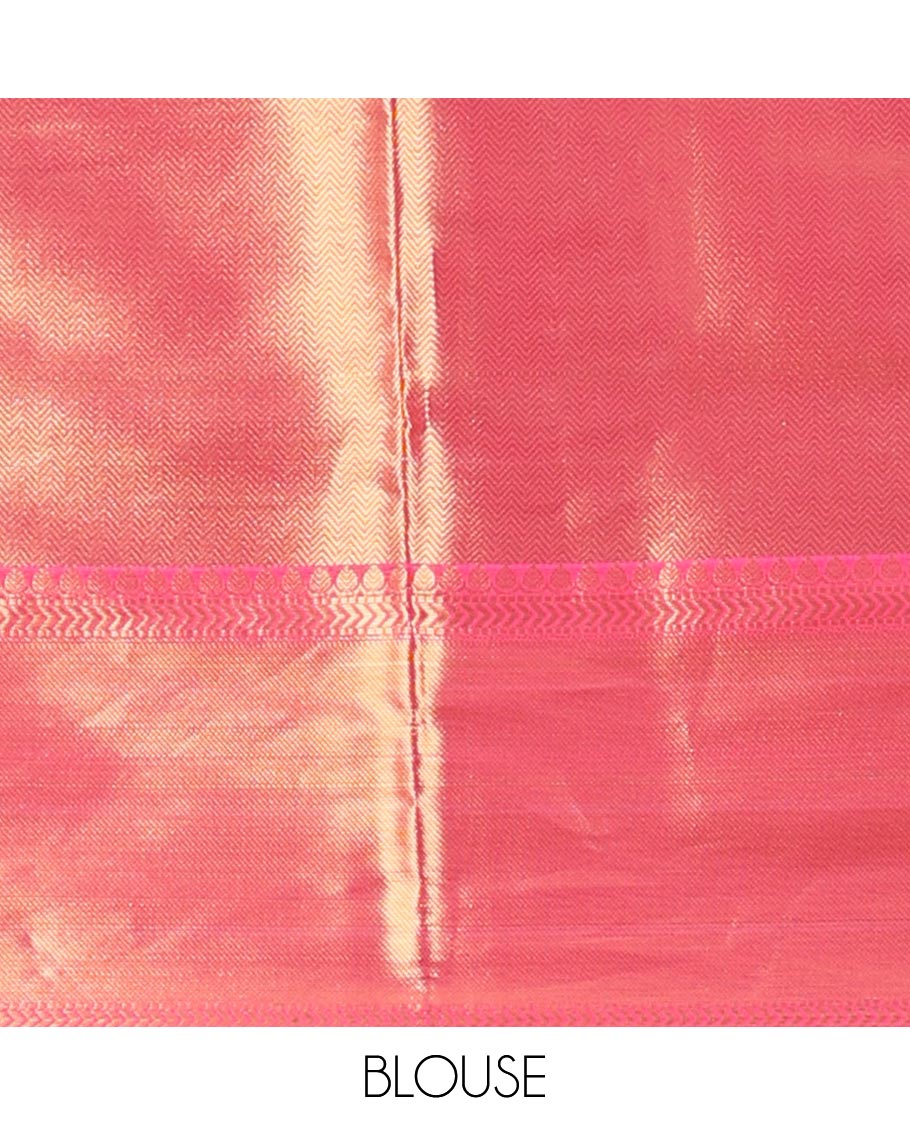 Pink gold zari,small checks carry design banaras tissue saree with contrast pink border & contrast pallu along with contrast pink blouse
