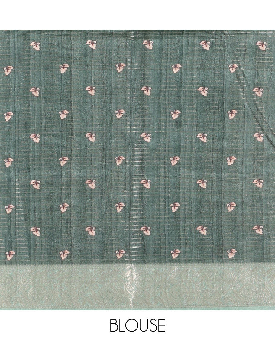 Green tri-ombre colored zari stripes, and kalamkari peacock printed semi-tussar saree, contrast floral creeper zari border, peacock printed pallu, and a contrast blouse of zari and print work