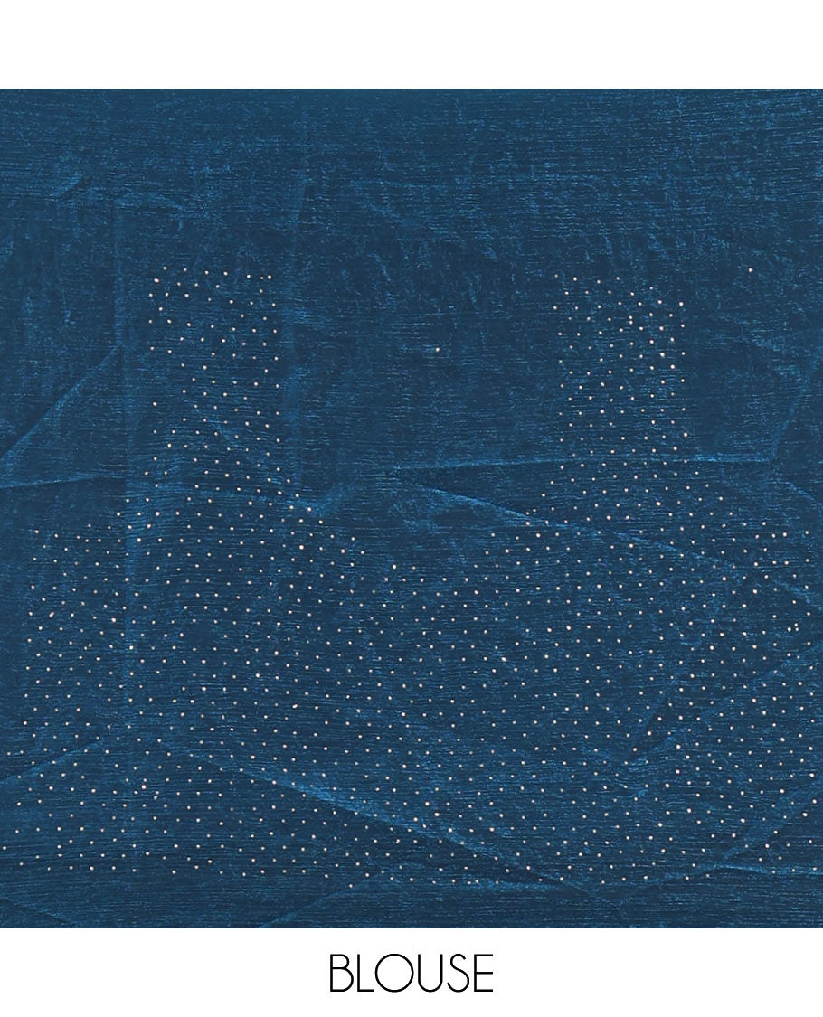 Blue full-plain fendy chiffon saree, scallop swarovski stone work geometric border and contrast plain blouse