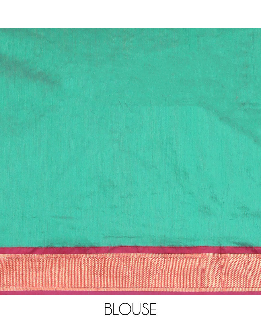 Green nine yards cotton saree with contrast checked design border & intricate zari design pallu