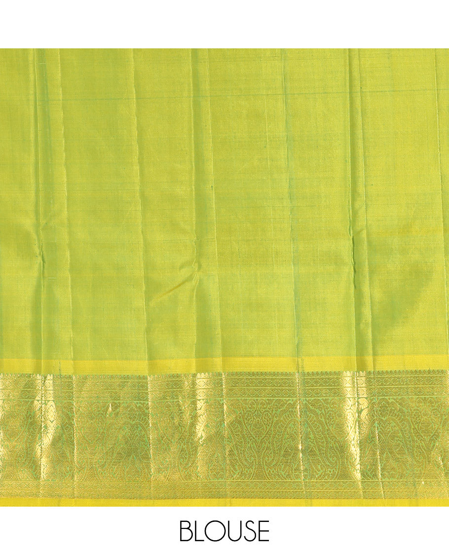 Blue Kanchipuram Silk Saree, Decorated with Mayil Buttas All Over Its Body, Complemented by a Contrast Border of Thilakam Mokku, Laddu Kamalam, and Mayil Designs, Pallu of Gandaberunda Designs, and Paired with a Contrast Blouse