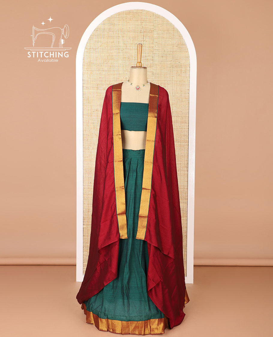 Green mercerised cotton daman zari border half saree with cotton blouse & skya georgette one side zari border dhavani