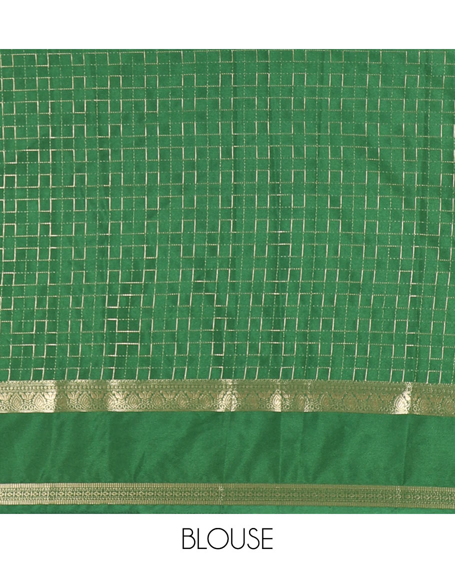 Red maze geometric-patterned semi-mysore silk saree, contrast rettai pettu traditional zari border, intricate pallu, and a contrast geometric-patterned zari-bordered blouse