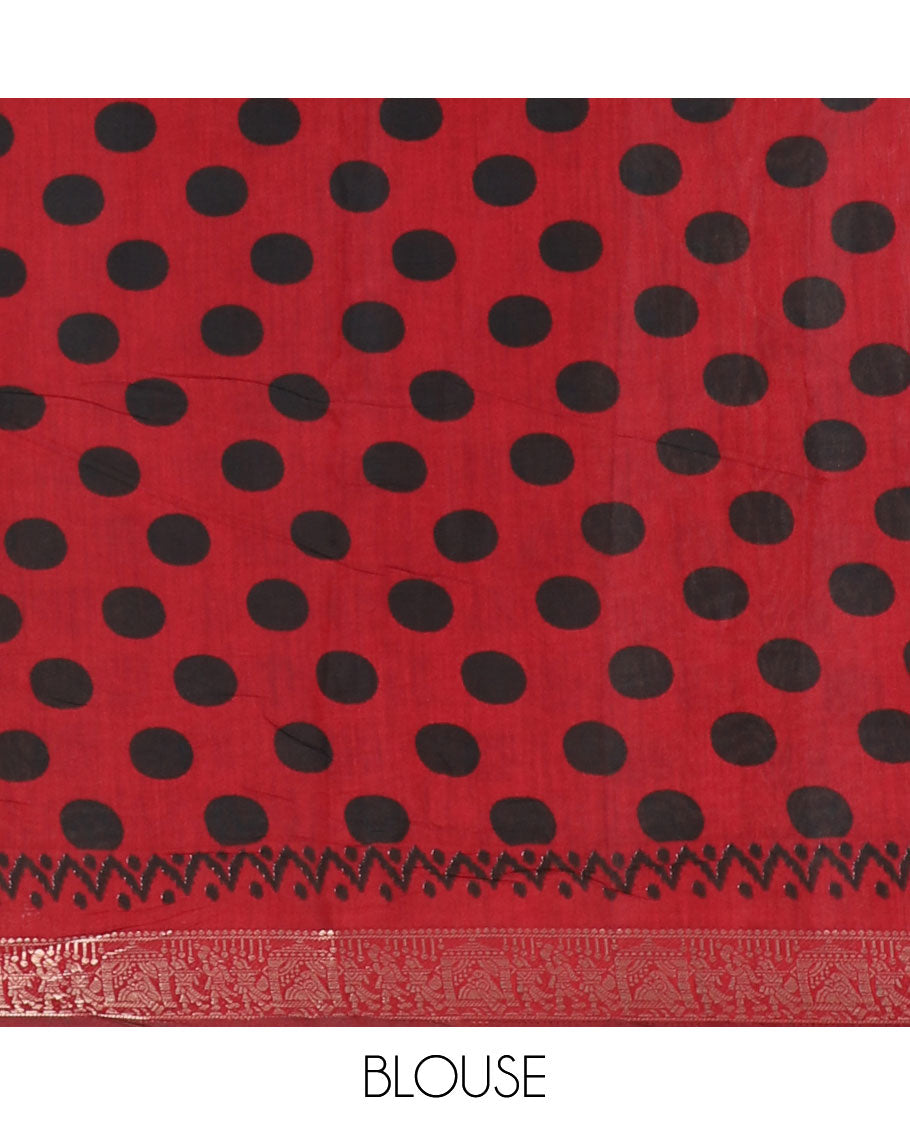 Black kalamkari floral vine and peacock printed muslin cotton saree, contrast zari border, kalamkari peacock printed pallu, and a contrast coin buttas printed blouse