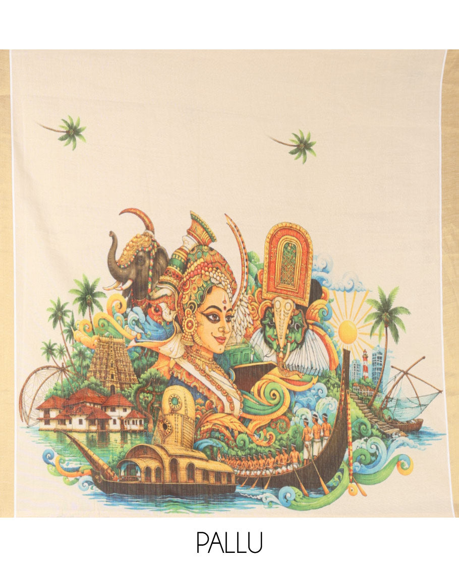 Cream Kerala Cotton Saree, Artfully Printed with Coconut Tree Motifs, a Zari Border, Kerala Culture Printed Pallu, and a Matching Blouse