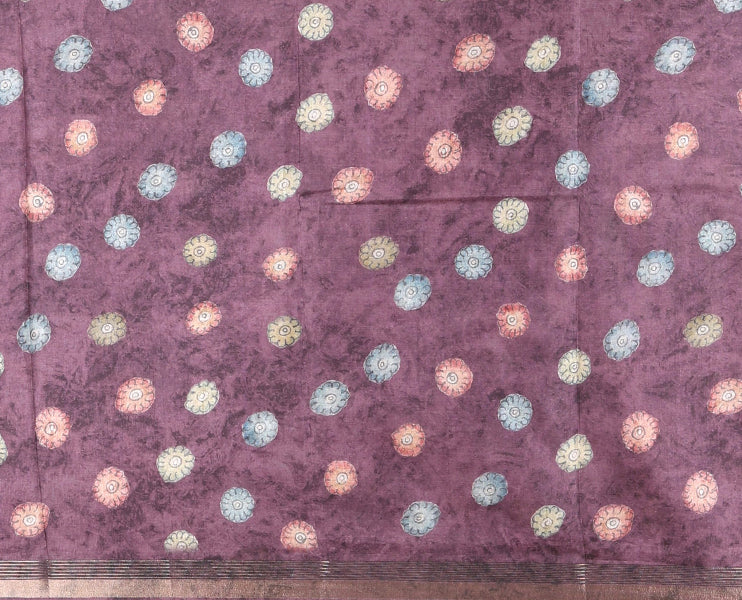 Violet-base multi-color kalamkari floral-vine and peacocks printed semi-tussar saree, gold zari piping border, kalamkari printed pallu, and contrast printed blouse