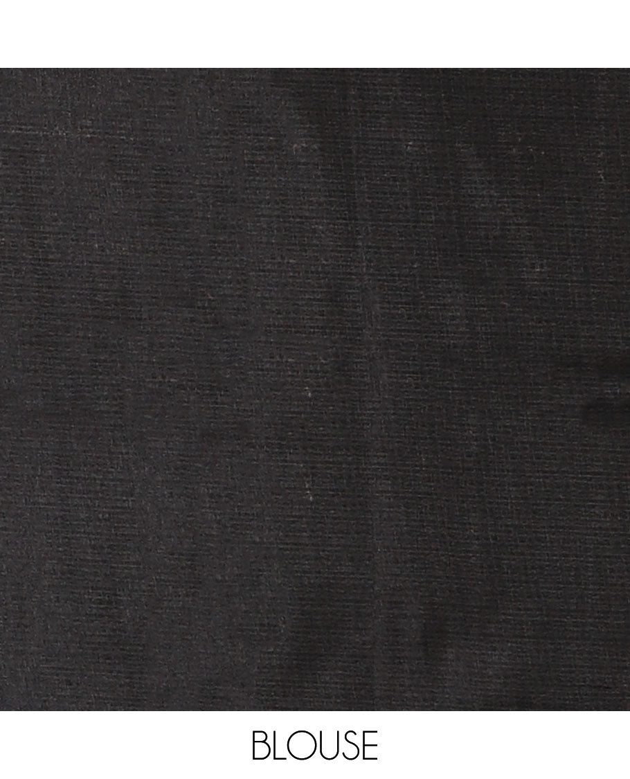 Black-base plain body khadi cotton saree with batik-style green-color floral & dots printed on its border & pallu, plain black blouse