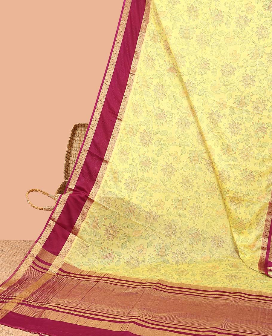Yellow madhubani-style floral vine semi-banaras printed saree, contrast traditional design border & striped pallu