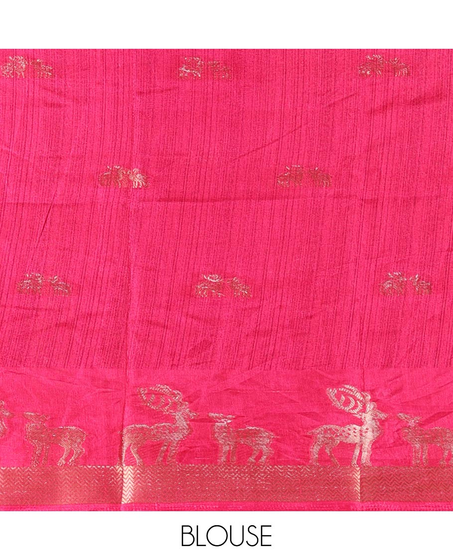 Orange deer copper zari buttas dola silk saree, contrast chevron and deer motifs zari border, deer motifs pallu, and contrast deer motifs blouse