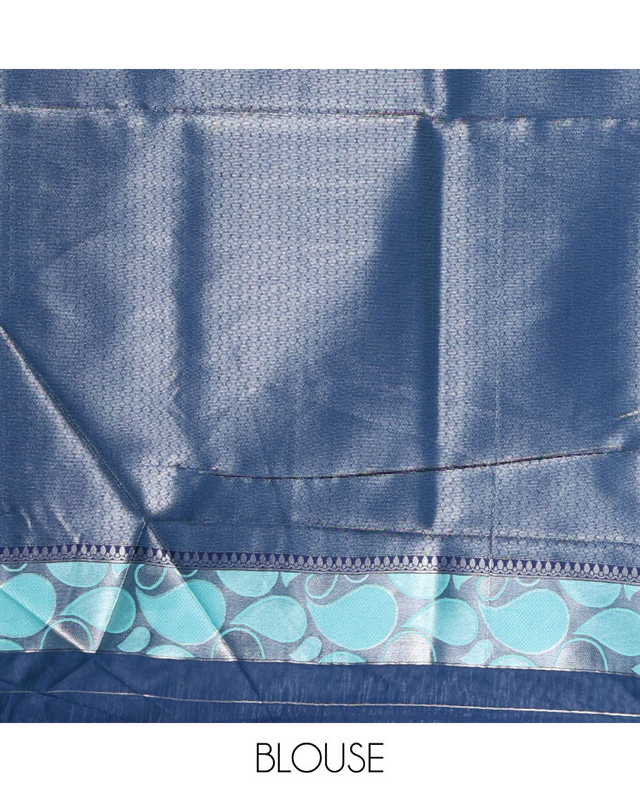 Blue jacquard kanchi silk saree, contrast border, and pallu steeped with paisley motifs with contrast zari design blouse