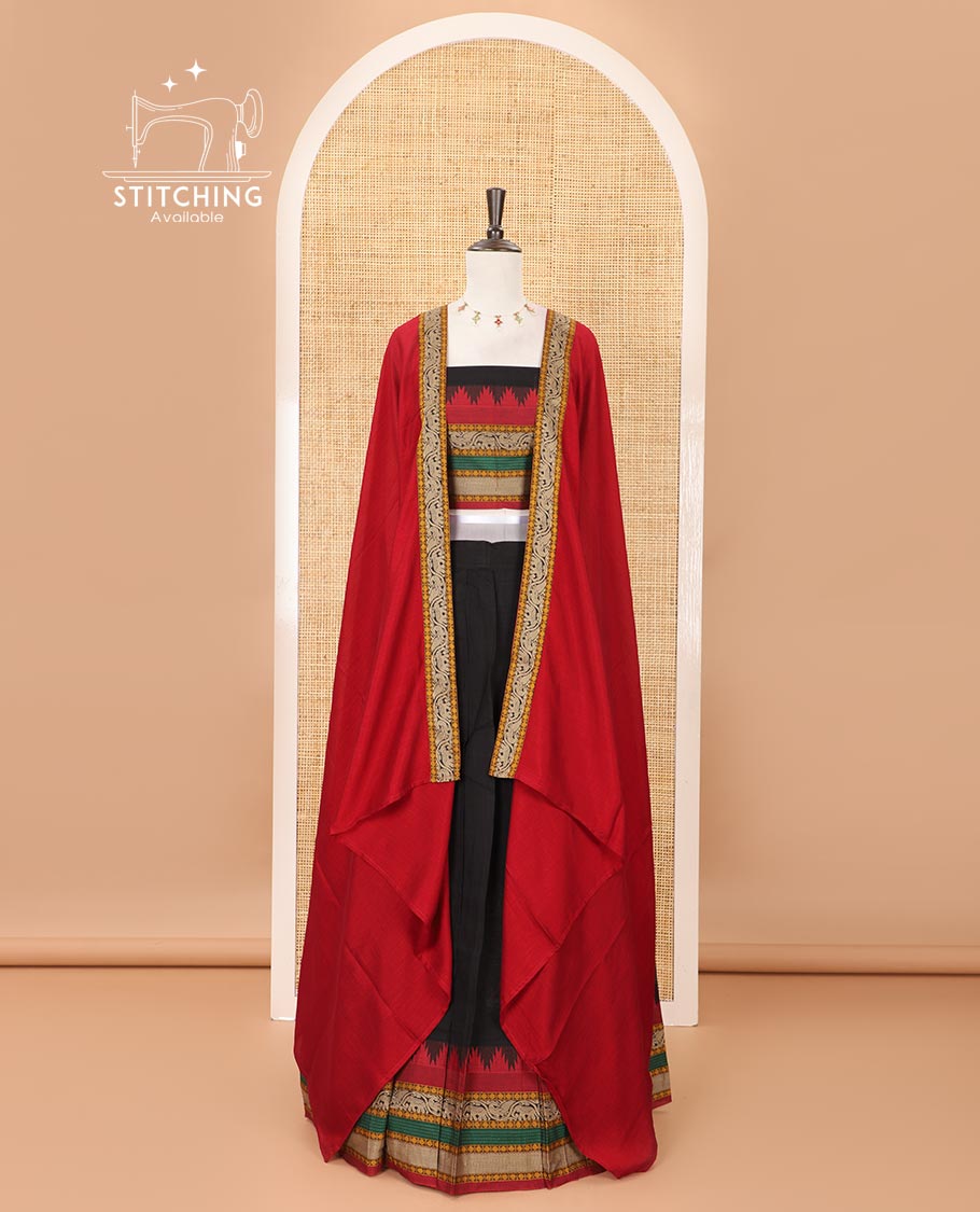 Black mercedised cotton half-saree, contrast traditional resham thread border skirt, matching blouse & contrast maroon thread border georgette dhavani