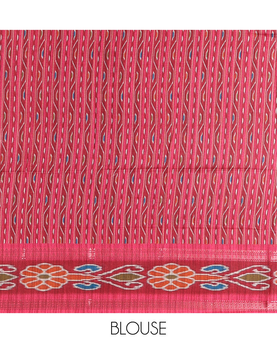 Grey plain Katan silk saree, contrast temple ikkat floral printed border, ikkat floral printed pallu, and ikkat printed blouse