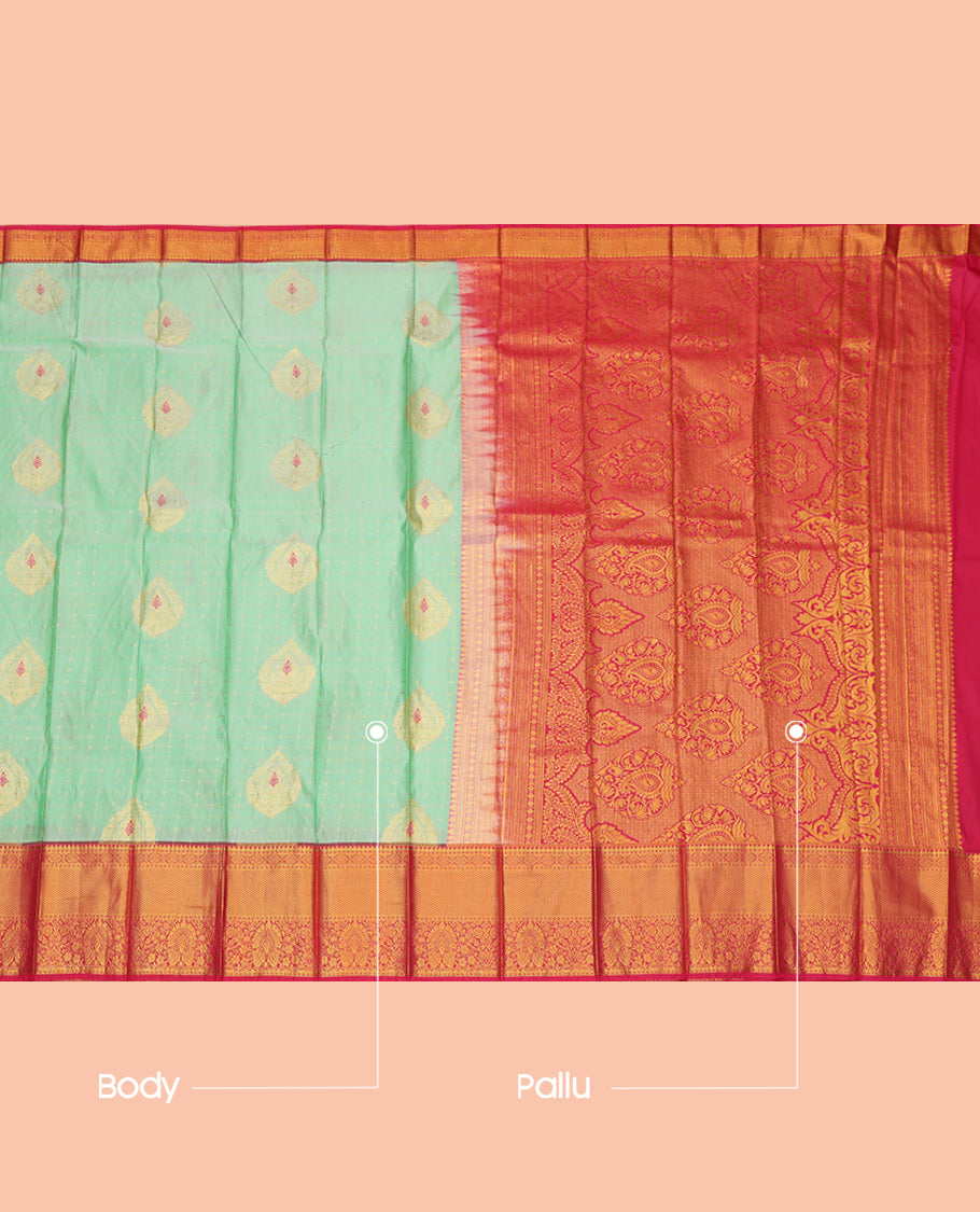 Turquoise Budget Silk Saree, Delicately Woven with Zari Buttas and Checks, a Contrast Traditional Zari Border, Grand Pallu, and a Contrast Blouse