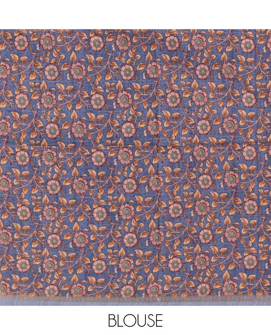 Blue full-plain katan silk saree, double-side kalamkari floral vine and bird printed temple zari border and matching floral vine printed blouse