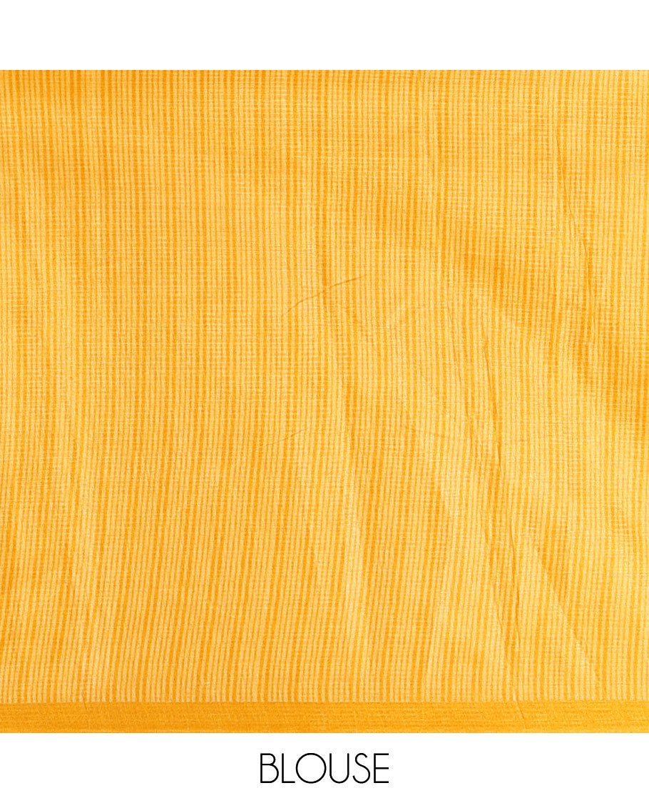 Cream polka dot printed khadi cotton saree, contrast piping border with stripes print, stripes printed pallu & yellow stripes printed blouse