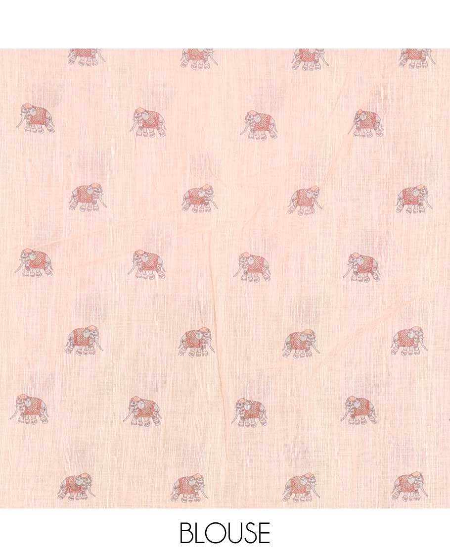 Black kalamkari floral vine, and elephant motifs printed linen cotton saree, piping border, printed pallu, and a contrast elephant motifs printed blouse