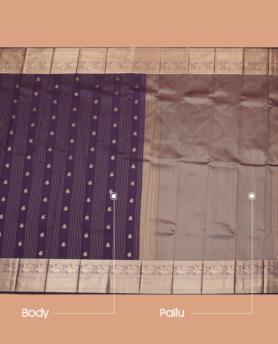 Violet Budget Silk Saree, Beautified with Zari Buttas and Stripes All Over Its Body, Highlighted by a Traditional Zari Design Border of Peacocks, Pallu of Jaal Designs, and Paired with a Matching Blouse