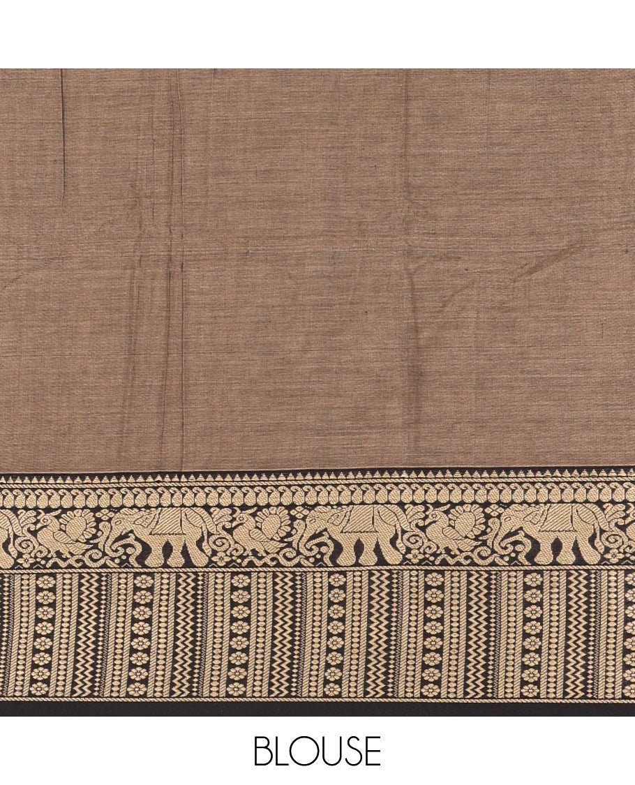 Brown plain mercerised cotton saree, contrast traditional motifs thread woven border, striped pallu, and a matching blouse