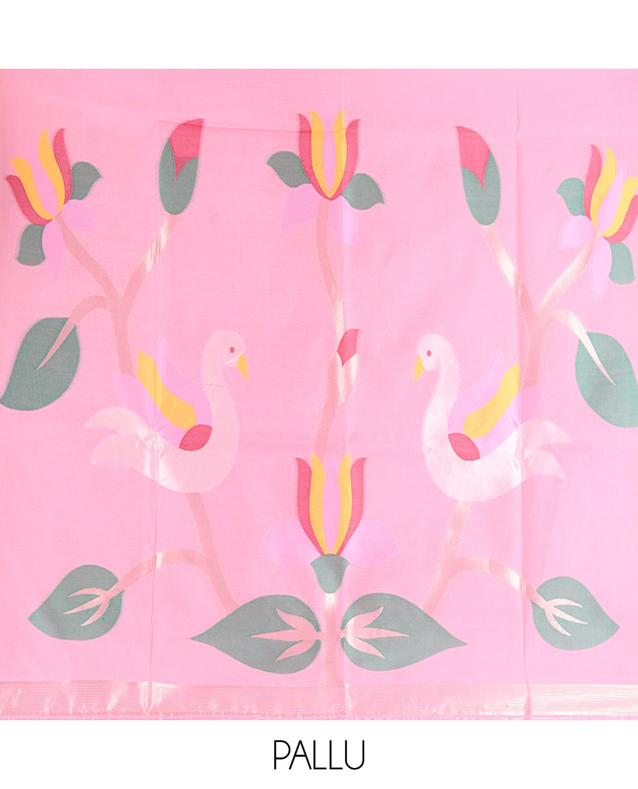 Pink Meena Buttas Fancy Organza Silk Saree, a Zari Border, Paithani Floral-Bird Pallu, Matching Blouse