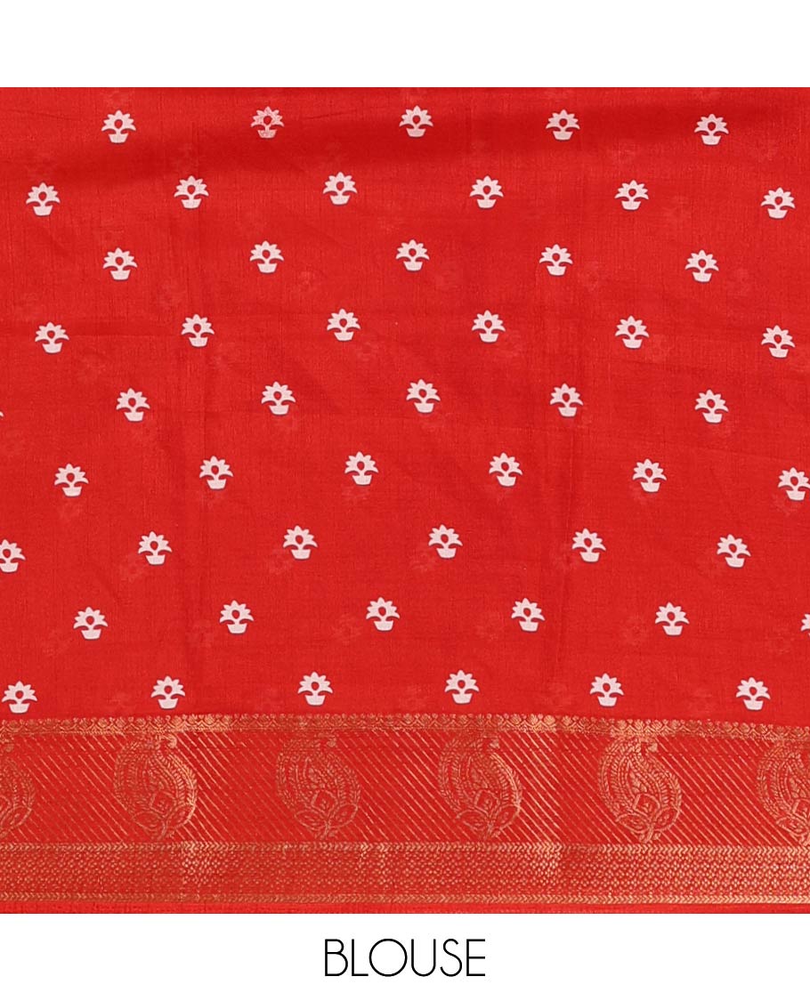Red stripes printed soft dola saree,contrast floral creeper design zari border,Ajrakh-print pallu & blouse of floral butta & zari design