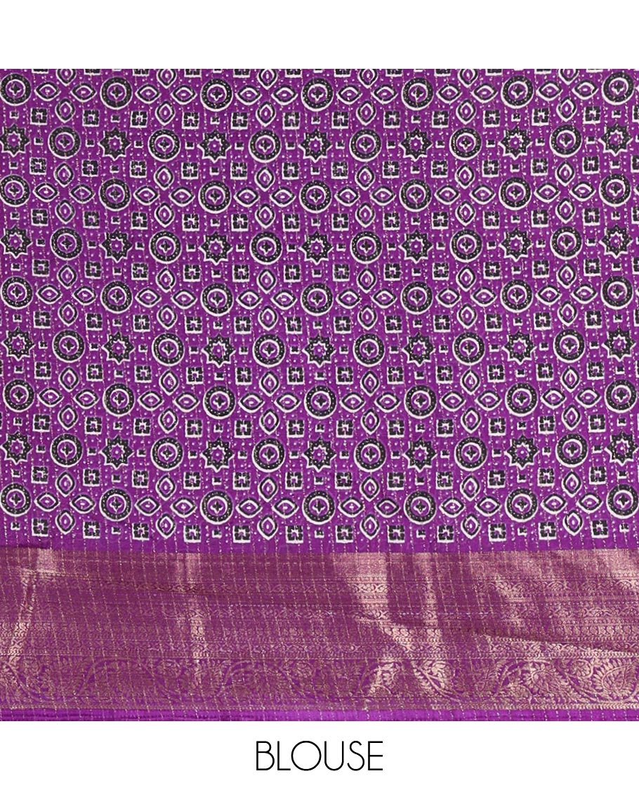 Cream-violet zari striped dola silk saree, contrast traditional zari border of leaf creeper, Ajrakh printed pallu, and Ajrakh printed blouse