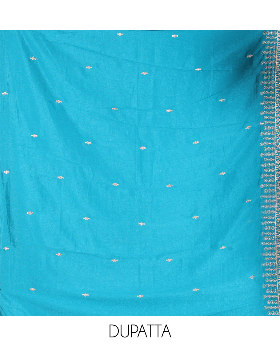 Rama Blue Vichitra Silk Material Chudiddar, Embroidered Top, Plain Bottom, Scallop Embroidered Dupatta