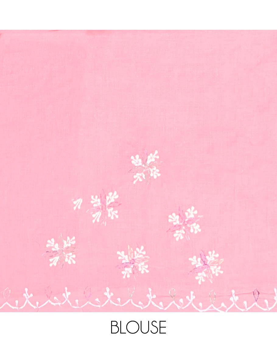 Pink floral embroidery lucknowi chikankari cotton saree,self scallop design border & pallu of floral embroidery