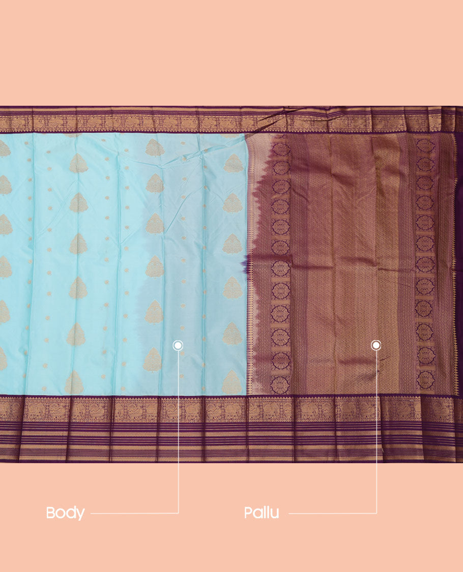 Sky Blue Budget Silk Saree, Bedecked with Zari Buttas, a Contrast Traditional Zari Border, Grand Pallu, and a Contrast Blouse