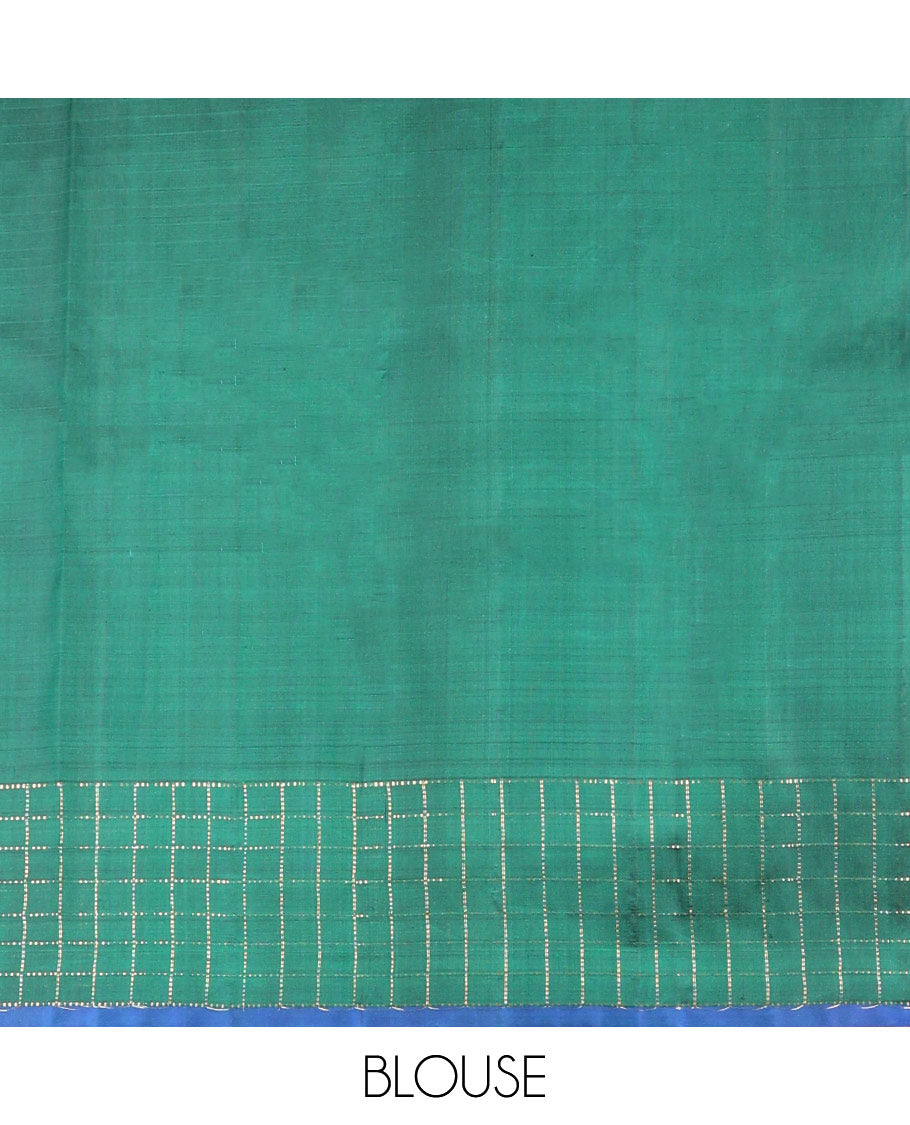 Green checked, buttas kancheepuram silk saree with contrast checked border & striped, floral design pallu