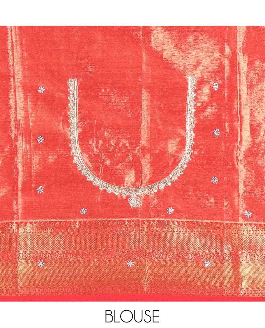 Red Vastrakala Silk Saree, Enthralled with Floral Jacquard and Patch Stone Work, Highlighted by Traditional Zari and Lace Embroidered Scallop Border, Grand Scallop Design Stone Work Pallu, and Paired with Heavy Embroidered Blouse
