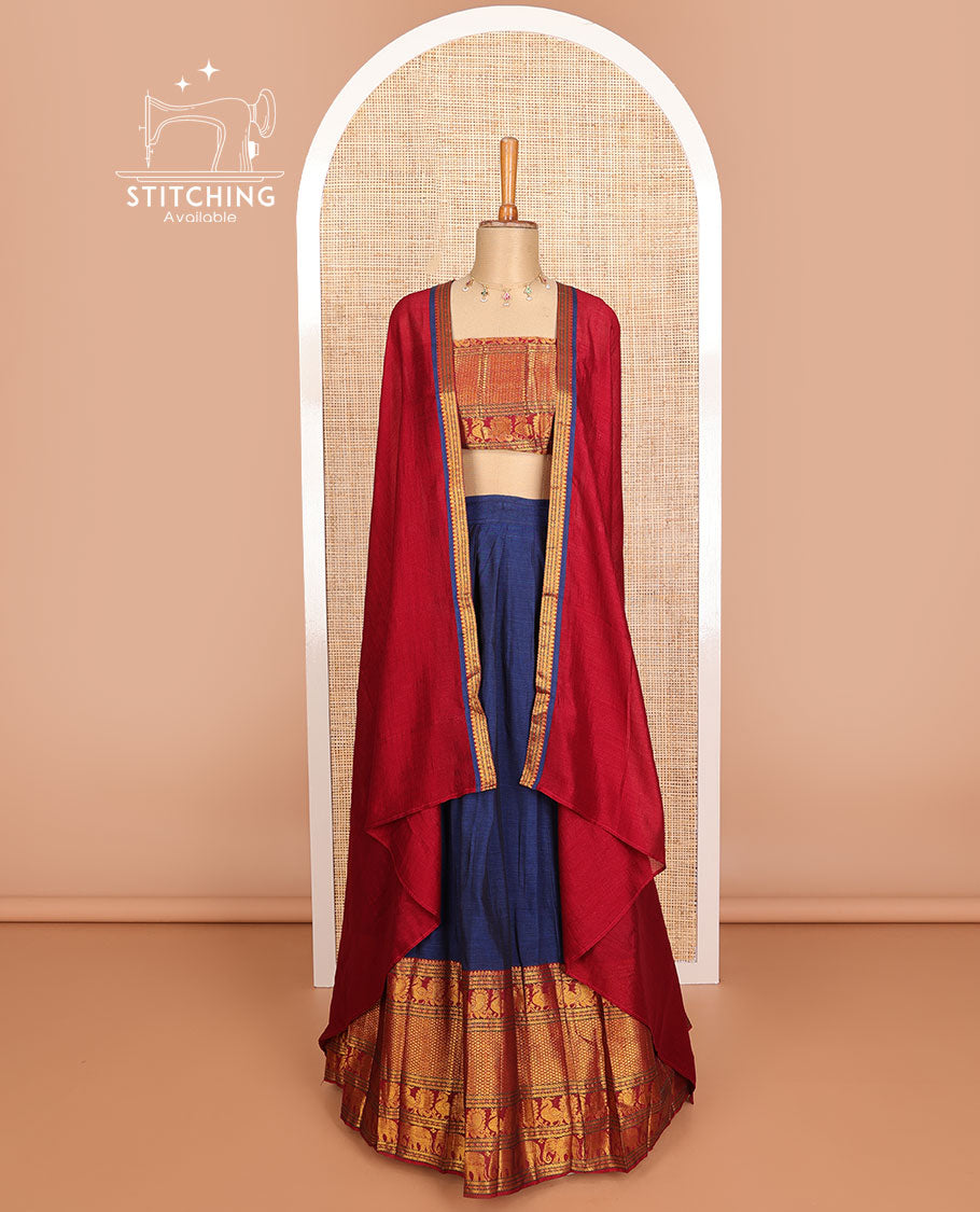 Dark blue cotton half saree with contrast traditional zari design border, zari design blouse & plain, zari design border dhavani
