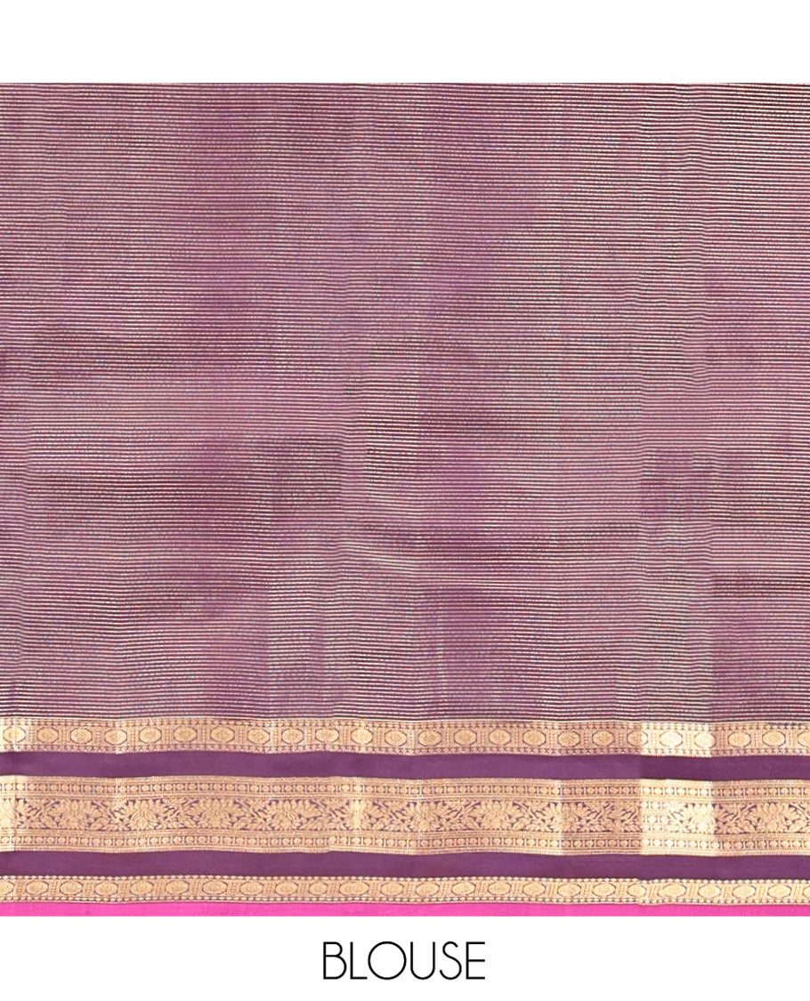 Blue Vasundhara Lite Silk Mix Saree, Subtly Enriched with Zari Stripes, Yaanai and Iruthalai Pakshi Buttas, Complemented by Contrast Border of Traditional Zari Designs, Grand Pallu, and Paired with a Contrast Blouse