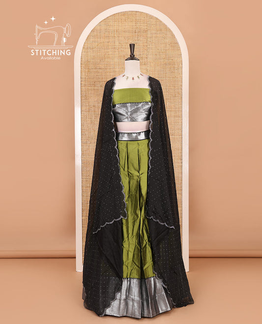 Green-black taffeta silk half-saree, plain & contrast temple & kathir boder skirt, matching blouse & contrast stonework scallop border syska georgette dhavani