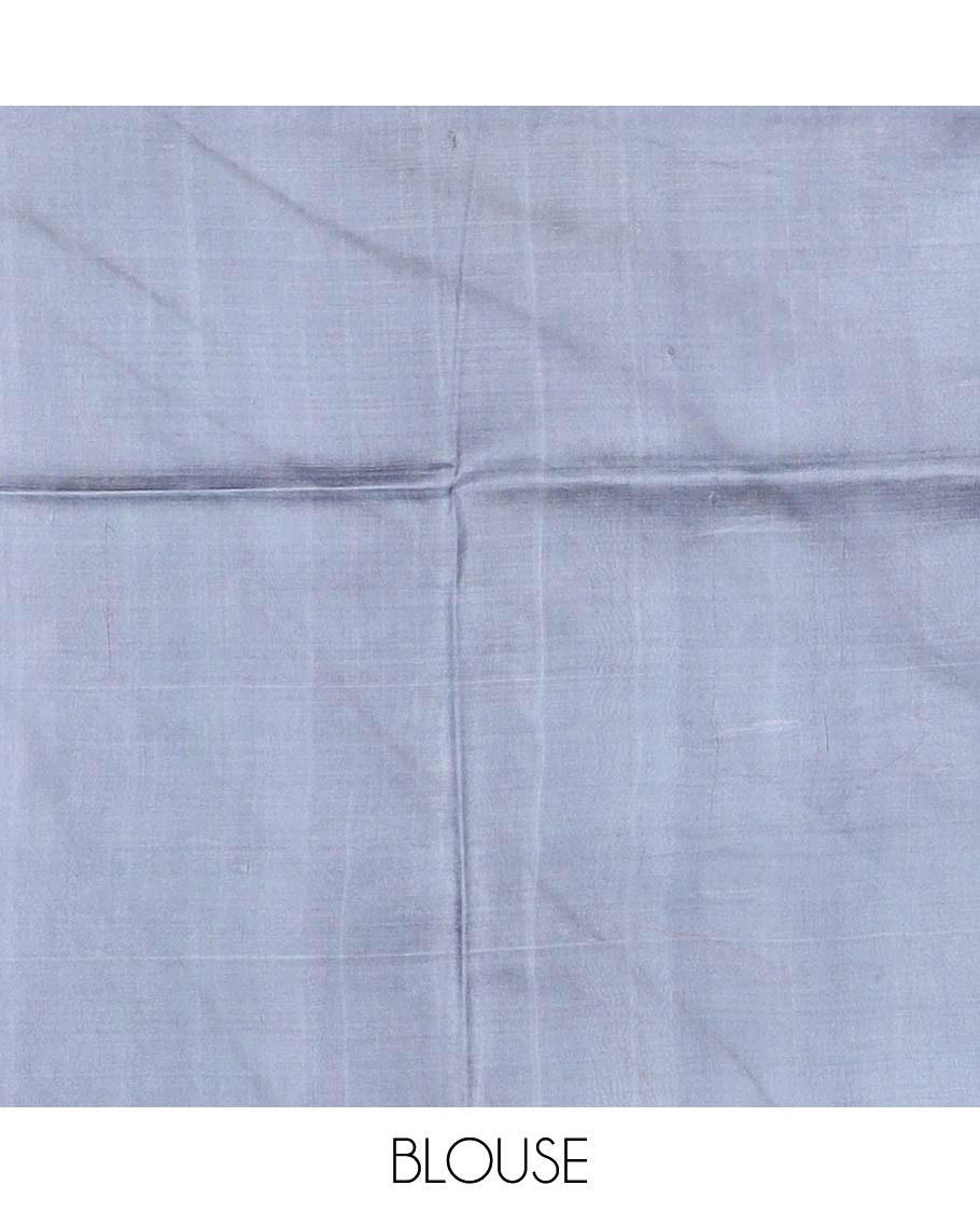 Grey striped printed silk saree with contrast border & round motifs pallu