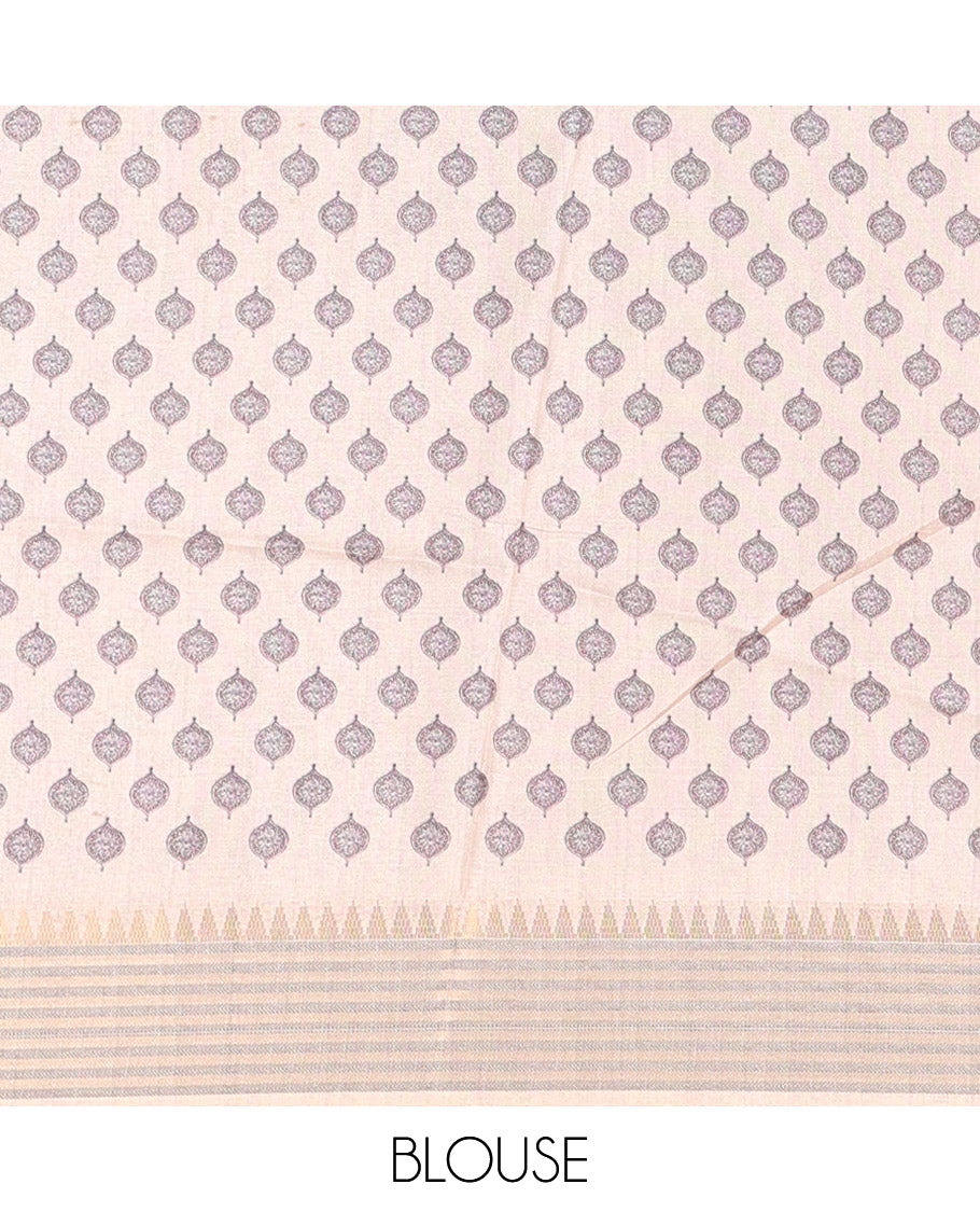 Blue checked patterned semi-tussar saree with contrast temple striped border, Madhubani printed pallu, and a contrast printed blouse